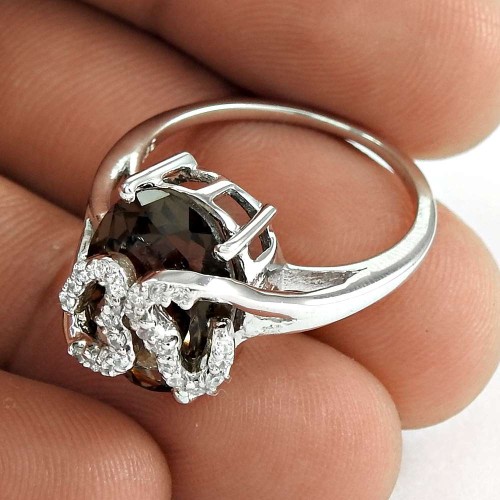 Pretty 925 Sterling Silver Smoky Quartz CZ Gemstone Ethnic Ring Jewelry