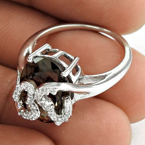 Beautiful 925 Sterling Silver Smoky Quartz CZ Gemstone Ring Jewelry