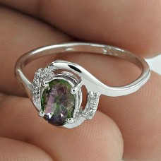 Oval Shape Mystic Topaz Gemstone CZ 925 Sterling Silver Rhodium Plated Promise Ring
