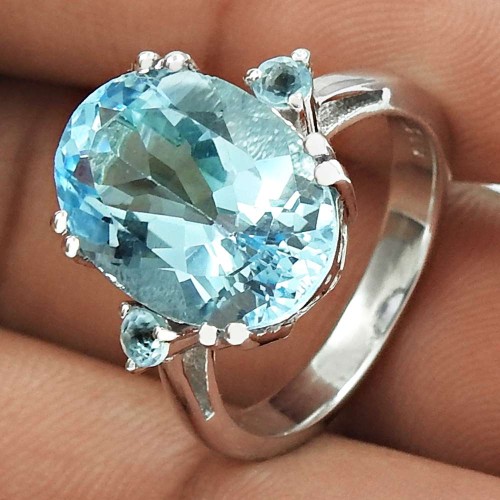 Good-Looking Rhodium Plated 925 Sterling Silver Blue Topaz Gemstone Ring Size 6 Handmade Jewelry J8