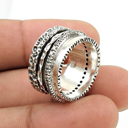 Good-Looking 925 Sterling Silver CZ Gemstone Spinner Ring Size 7.5 Antique Jewelry C73