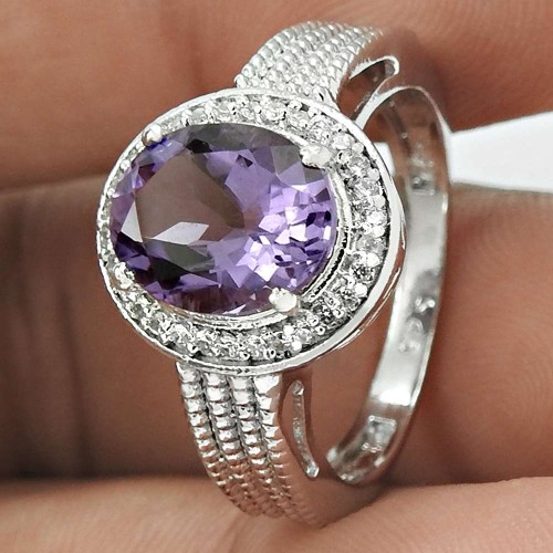 Excellent Rhodium Plated 925 Sterling Silver Amethyst, White C.Z Gemstone Ring Size 6.5 Vintage Jewelry K22
