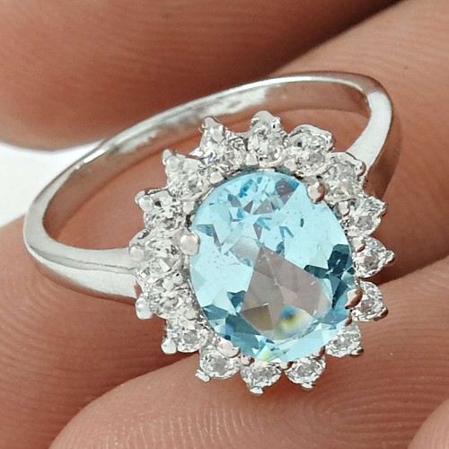 Beautiful Rhodium Plated 925 Sterling Silver Blue Topaz, White C.Z Gemstone Ring Size 5 Handmade Jewelry J27