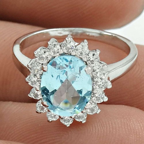 Daily Wear Rhodium Plated 925 Sterling Silver Blue Topaz, White C.Z Gemstone Ring Size 5 Vintage Jewelry J28