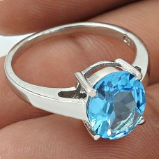Daily Wear Rhodium Plated 925 Sterling Silver Blue Topaz Gemstone Ring Size 6.5 Traditional Jewelry K33