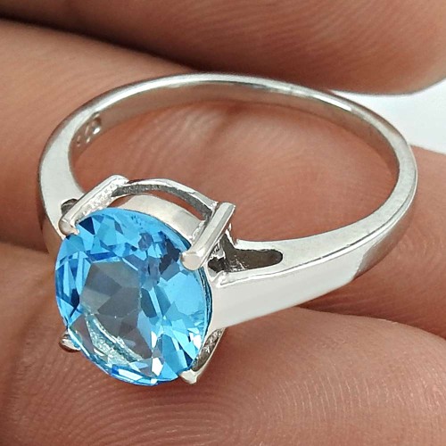 Trendy Rhodium Plated 925 Sterling Silver Blue Topaz Gemstone Ring Size 9 Handmade Jewelry K35
