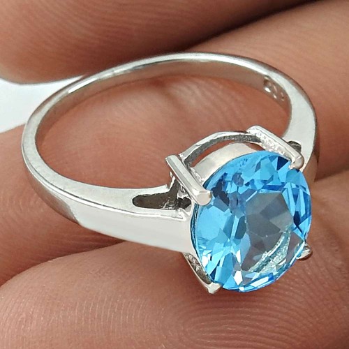 Latest Trend Rhodium Plated 925 Sterling Silver Blue Topaz Gemstone Ring Size 9 Vintage Jewelry K36
