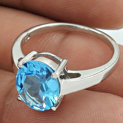 Beautiful Rhodium Plated 925 Sterling Silver Blue Topaz Gemstone Ring Size 6 Handmade Jewelry K38