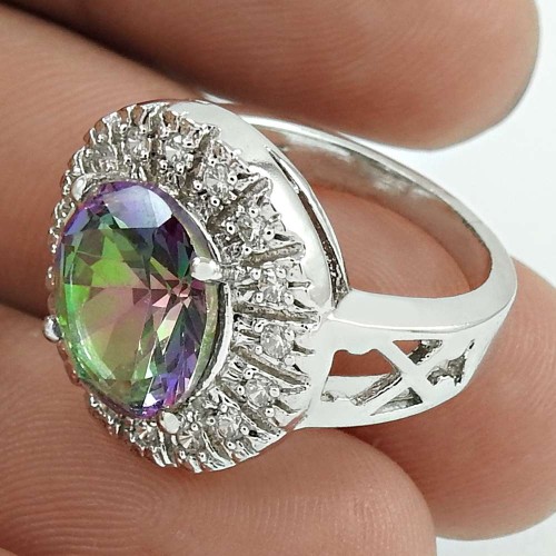 Party Wear Rhodium Plated 925 Sterling Silver Mystic, White C.Z Gemstone Ring Size 6 Handmade Jewelry K39
