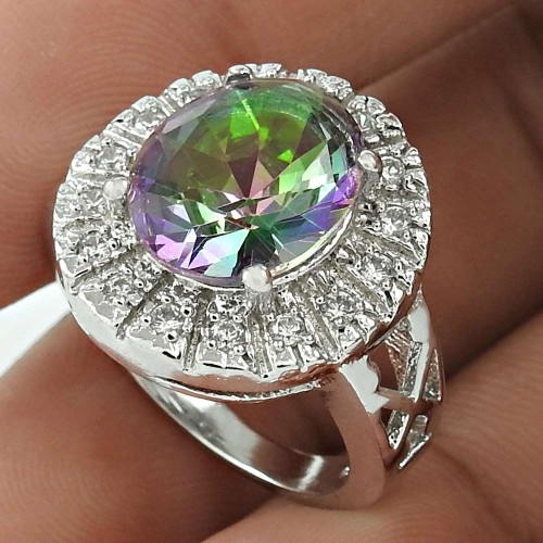 Scenic Rhodium Plated 925 Sterling Silver Mystic, White C.Z Gemstone Ring Size 5 Ethnic Jewelry K42