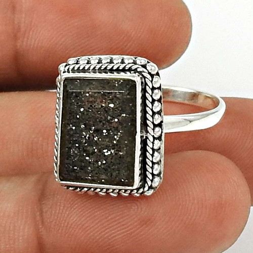 Black Sunstone Ring Size 8 925 Sterling Silver Tribal Jewelry SK34