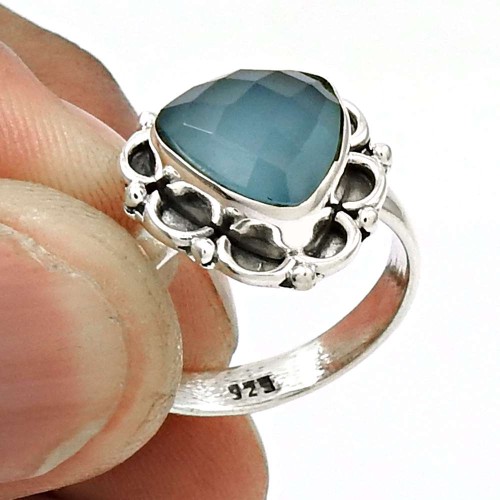 Natural CHALCEDONY Gemstone HANDMADE Jewelry 925 Silver Ring Size 7.5 EF1