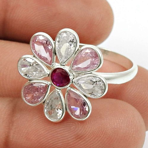 Ruby CZ White CZ Pink CZ Gemstone Flower Ring 925 Sterling Silver Indian Handmade Jewelry K69