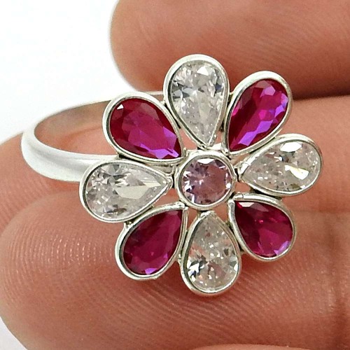 Ruby CZ White CZ Pink CZ Gemstone Flower Ring 925 Sterling Silver Handmade Jewelry I69