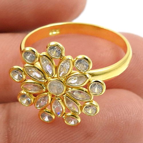 Gold Plated 925 Sterling Silver White CZ Gemstone Ring Indian Handmade Jewelry E70