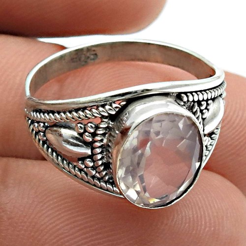 Faceted Rose Quartz Gemstone Jewelry 925 Fine Sterling Silver Ring Size 7 H55