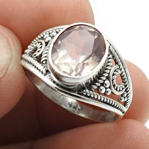 Faceted Rose Quartz Gemstone Jewelry 925 Sterling Silver Ring Size 8 I55