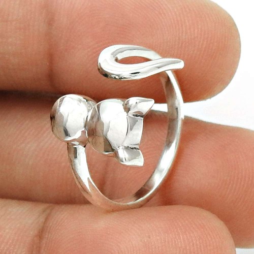Graceful Solid 925 Sterling Silver Cat Design Ring Size 7 Antique Jewelry C81