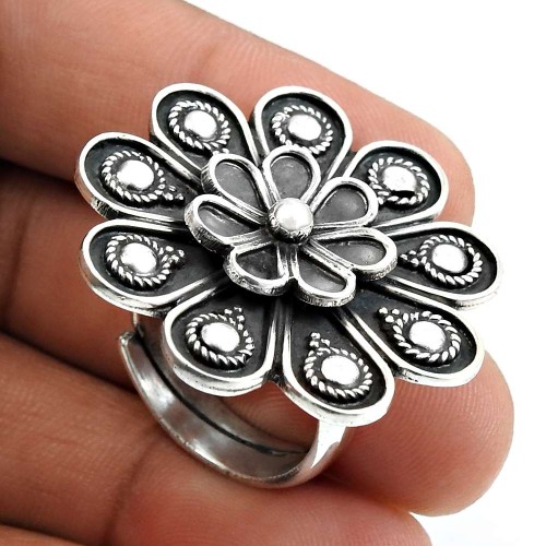 Solid 925 Sterling Silver Flower Ring Vintage Look Jewelry P74