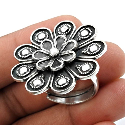 Solid 925 Sterling Silver Flower Ring Handmade Jewelry S74