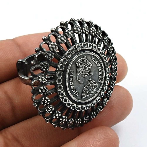 HANDMADE Indian Jewelry 925 Solid Sterling Silver Victoria Coin Adjustable Ring Size Z30