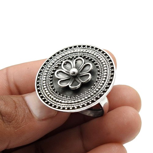 Indian HANDMADE Jewelry 925 Solid Sterling Silver Antique Flower Ring Size 9 A25