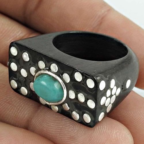 Fine Jewelry Turquoise Gemstone Wooden Ring Size 7.5 K7